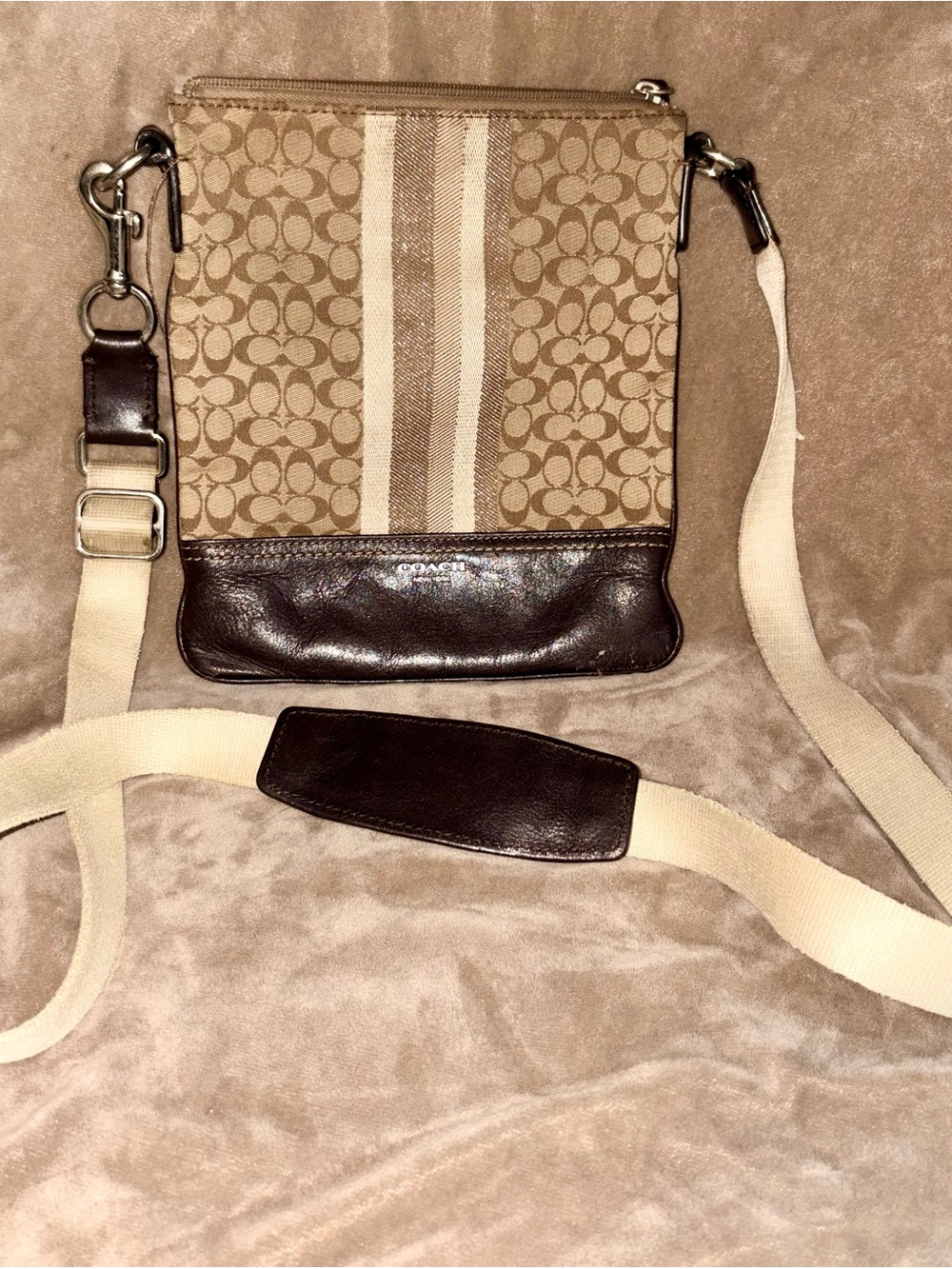 COACH Heritage Signature Stripe File Crossbody Bag Brown Beige